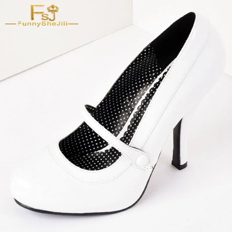 Women Shoes Ladies Pumps White Stiletto Heels Round Toe Mary Jane Heels Vintage 2018 Spring Plus 
