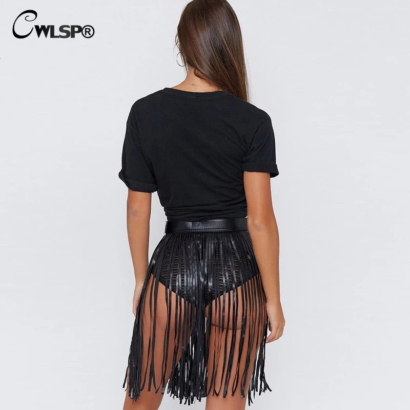 CWLSP Sexy PU Tassel Skirt For Women Hollow Out 2018 Summer Lady Fashion Mini Leather Short Skirts Saia QZ2782