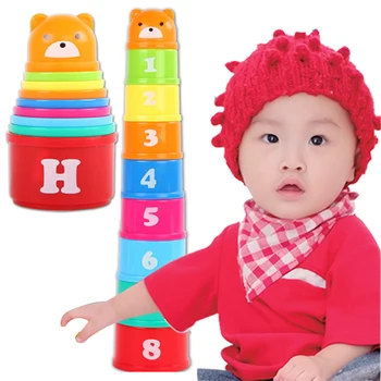 

9PCS Mini Bear Stack Cup Educational Baby Toys Rainbow color Figures Folding Tower Funny Piles Cup Letter Toy for Kids FZH