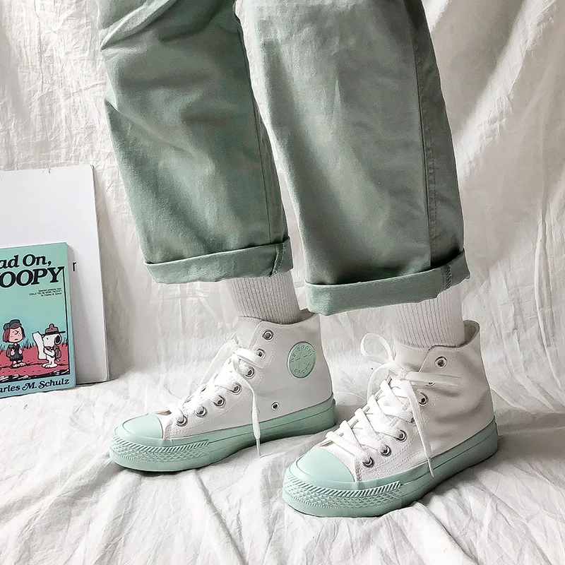 

Summer New Arrival Light Green Canvas Women Shoes 2019 White High-top Outdoor Casual Ladies Sneakers Fashion Trend Female