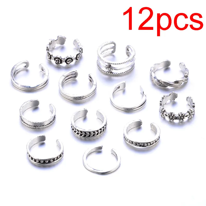 

12Pcs Women Lady Unique Adjustable Opening Finger Ring Retro Carved Toe Ring Foot Beach Foot Jewelry