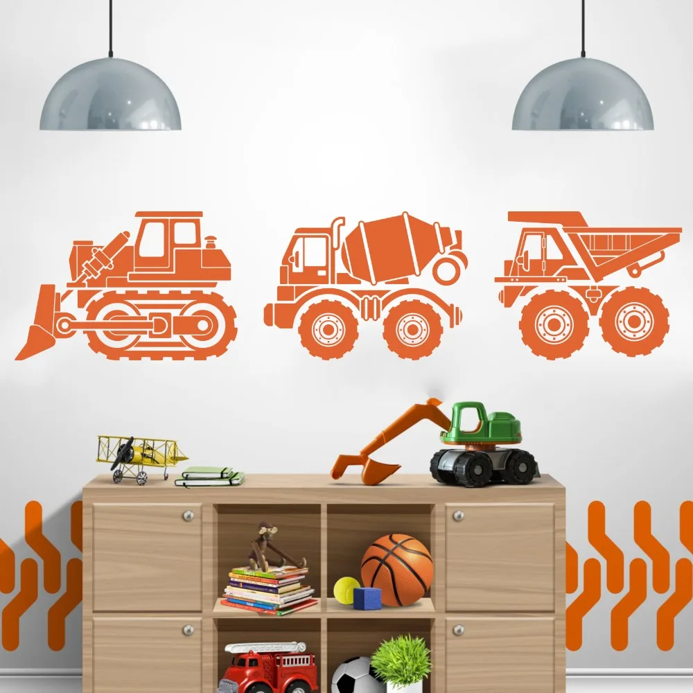 Мультяшная Наклейка на стену для строительства грузовика, набор для детской комнаты из 3 предметов, конструктор, самосвал, бульдозер, цементный грузовик, наклейка на стену