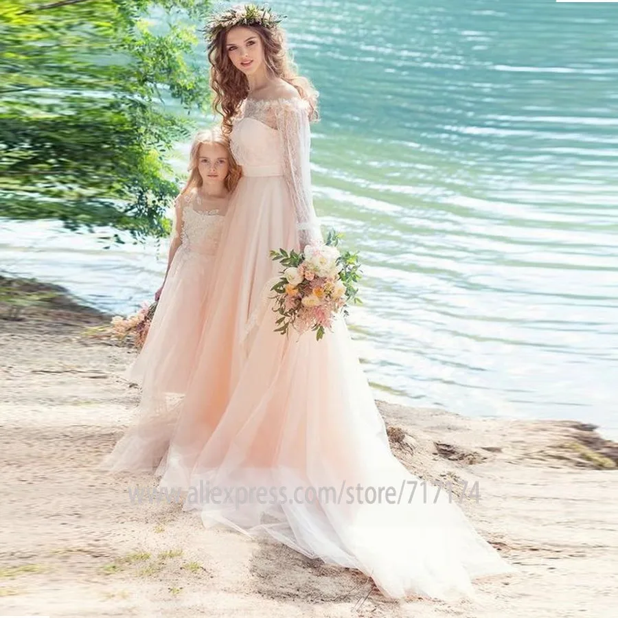 

Off the Shoulder Long Lace Sleeves A-line Wedding Dress with A Belt Sweep Train Zipper Back Bridal Dress vestidos de formatura