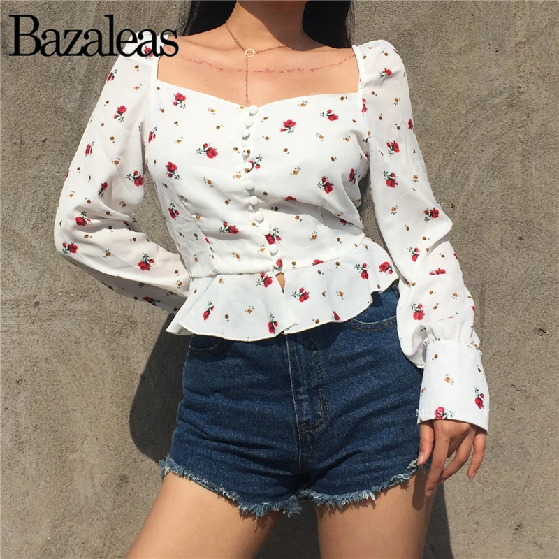 Bazaleas flor mujer moda botón volantes camisa Casual gasa Vintage blusas Mujer tops y blusas|Blusas y camisas| - AliExpress