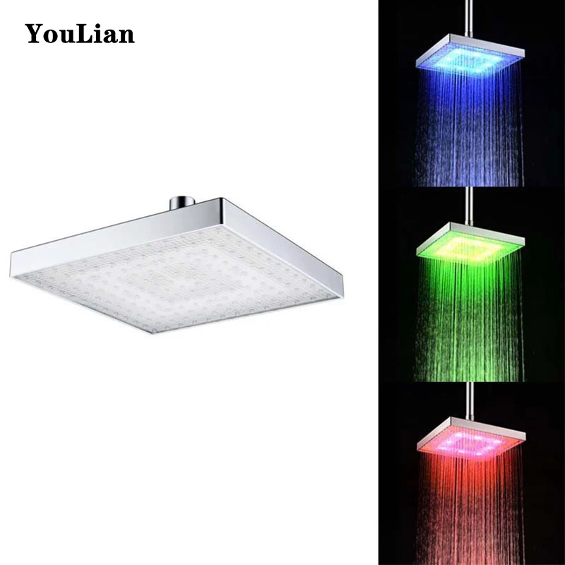 

square LED top spray Sensitive Temperature Control Shower Head Romantic Light Water Bath spraying Home Bathroom Shower Head