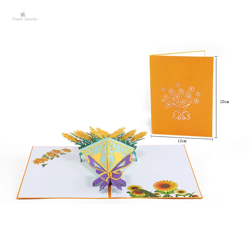 PAPER SPIRITZ Sun flower bouquet laser paper pop up card with envelope blank invitations greeting gift cards wedding invitation