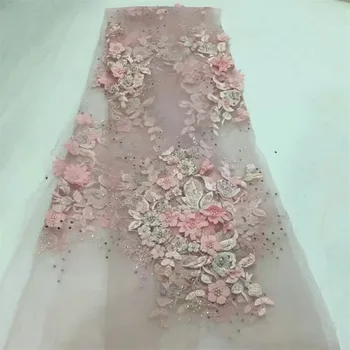 

African lace fabric with 3D flower Stones beaded 2018 latest Pink lace fabric high quality 3d lace fabric for wedding HJ588-1