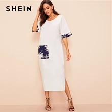 SHEIN Платье С Карманом, Разрезом И Цветочным Принтом Женское Белое Платье С Средним Рукавом