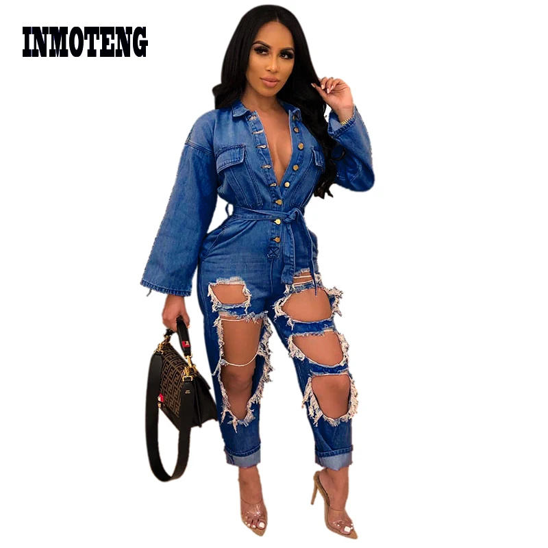 

INMOTENG Grey Loose Cowboy Jumpsuit Hollow Out Long Sleeve With Belt Pockets Washed Hole Jeans Playsuit Overalls Women Clothes