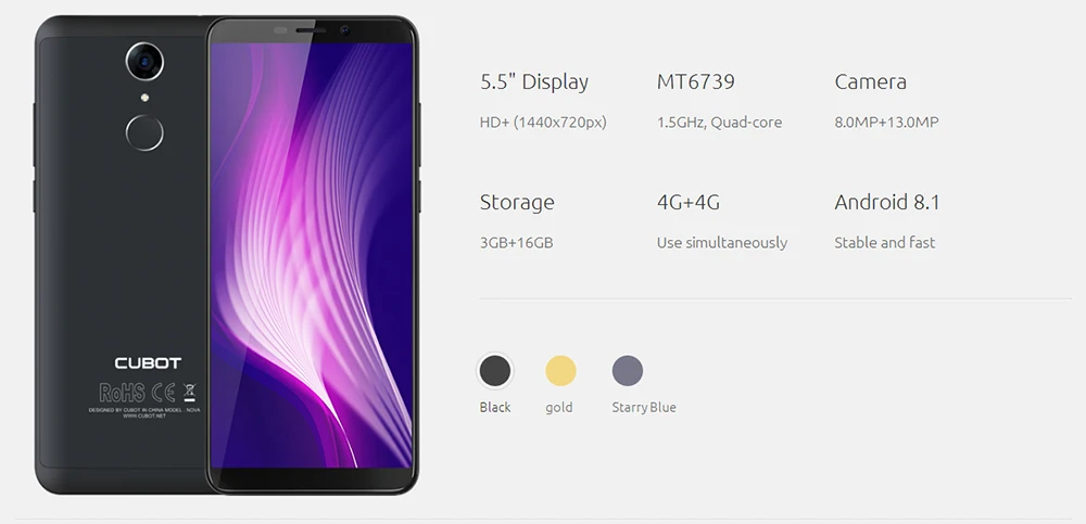 Cubot Nova Android 8,1 18:9, полный экран, 3 ГБ, 16 ГБ, 5,5 дюймов, MT6739, четырехъядерный смартфон, 2800 мА/ч, двойной, 4G, две sim-карты