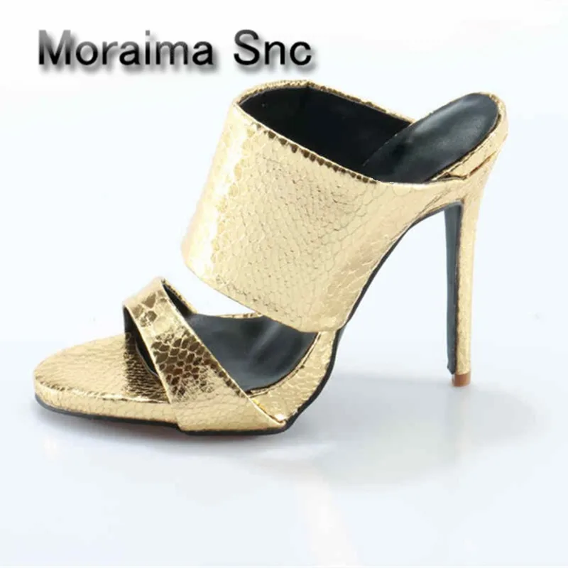 

Moraima Snc Gold/Silver Python Leather Mules Slip On High Heels Women Sandals Slide Open Toe Flip-Flops Summer Slipper pantuflas