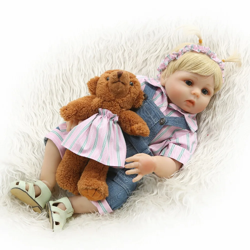 

NPK 19" 48cm Reborn Dolls Baby Girl Full Silicone Vinyl Body Realistic Princess Babies Doll with Teddy bear Kids bath toy gift