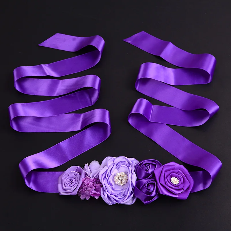 Purple, Gray, Navy Blue, Pink Flower Belt Satin Ribbons Rhinestone Kids Belts Girls Wedding Flower Girl Belt Sashes for Dresses