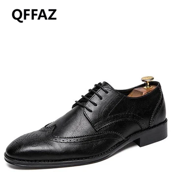 

QFFAZ New Leather Brogue Men Shoes Casual British Style Men Oxfords Fashion Dress Shoes Lace Up Wedding Shoes chaussures men