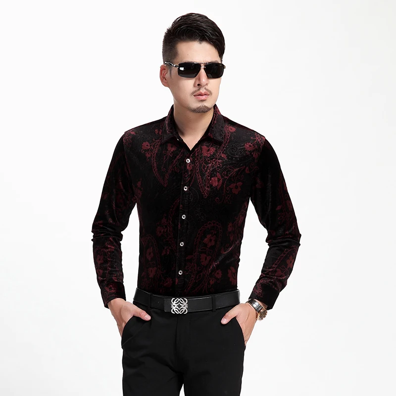 Silk Shirts Gold velvet Mens Shirts Spring Fall silk Velvet Mens