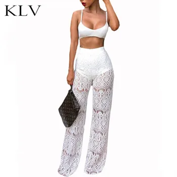 

Women Sexy 2 Piece Outfit Ribbed Knitted Bralette Crop Top High Waist Sheer Floral Lace Wide Leg Long Pants Night Party Clubwear