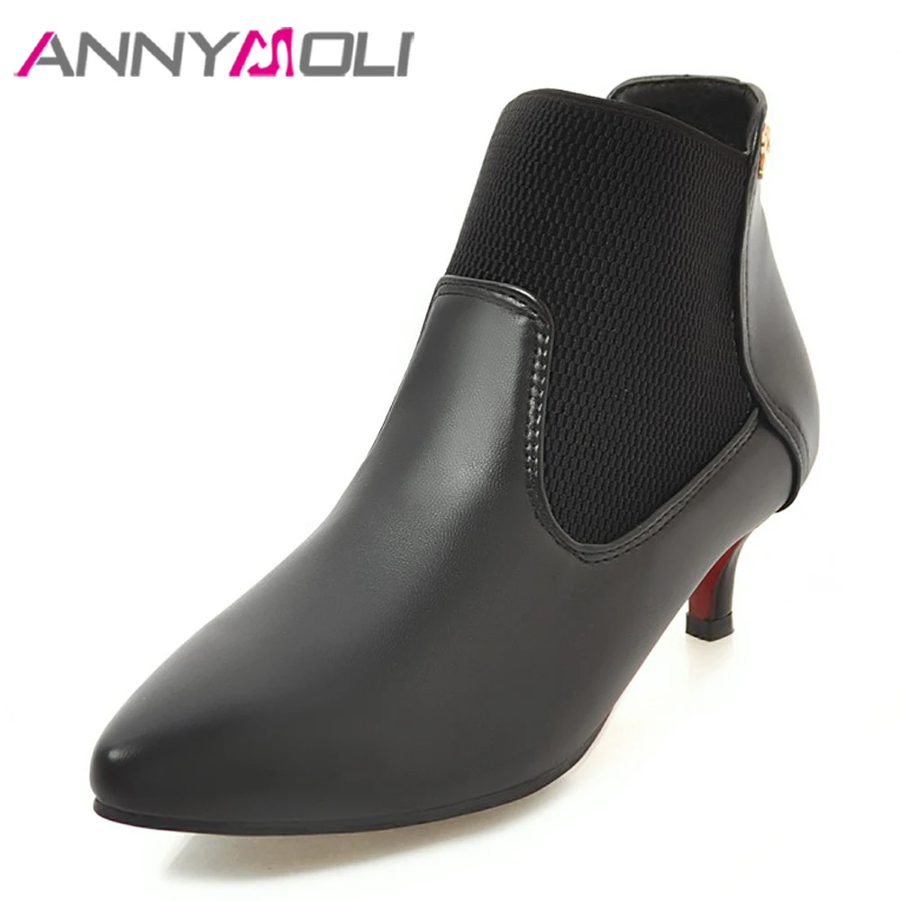 

ANNYMOLI Autumn Mid Heel Short Boots Winter Shoes Women Ankle Boots Kitten Heel Chelsea Boots Bow Female Fashion Shoes Size 4-12