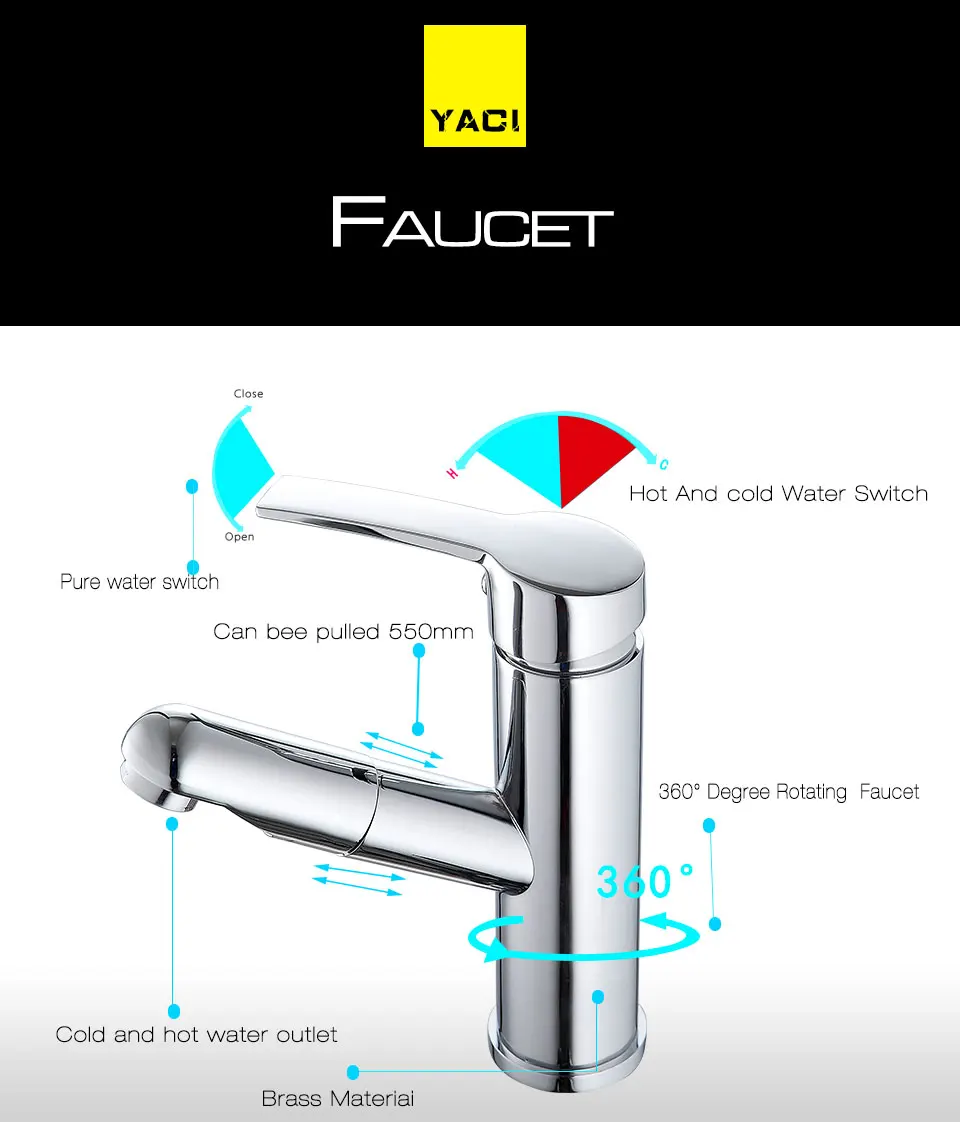 YACI 87 Новый кухонный кран 360 градусов выдвижной тип хром горячая и холодная раковина кран