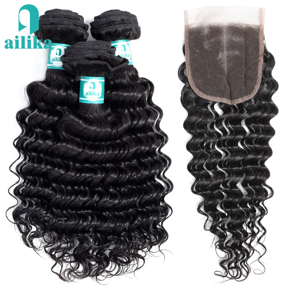 

AILIKA Peruvian Deep Wave 3 Bundles With Closure 4PCS/LOT Non Remy Hair Free Part Lace Closure With Human Hair Bundles