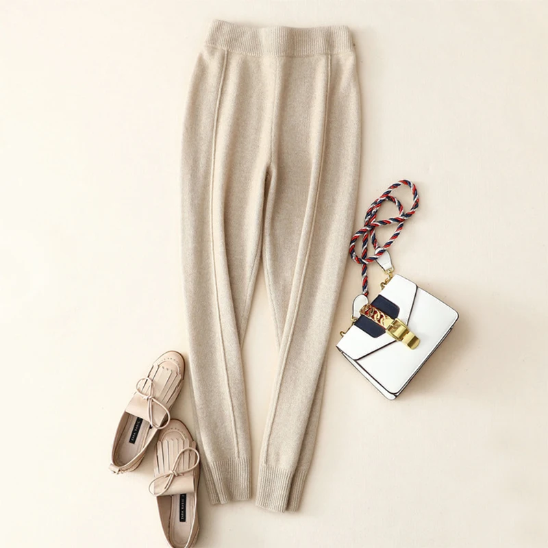 

Women Pant 2019 Autumn Winter 100% Cashmere Trousers Women High Waist Long Straight Pencil Pants Knitted Cosy Jogger Pants Women