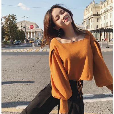 MISHOW Autumn vintage Knitted sweater for women fashion causal Square collar Lantern sleeve short tops MX18C5196 - Цвет: yellow