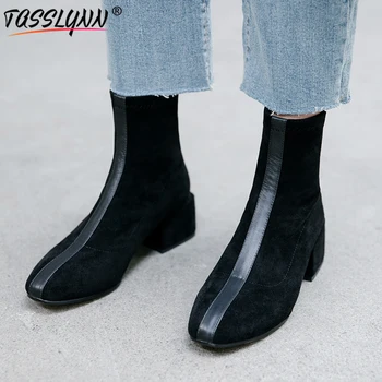 

TASSLYNN 2019 Flock Autumn Winter Boots Women Mid-calf Boot Square Toe Thick Med Heel Women Shoes Slip on Women Boots Size 34-39