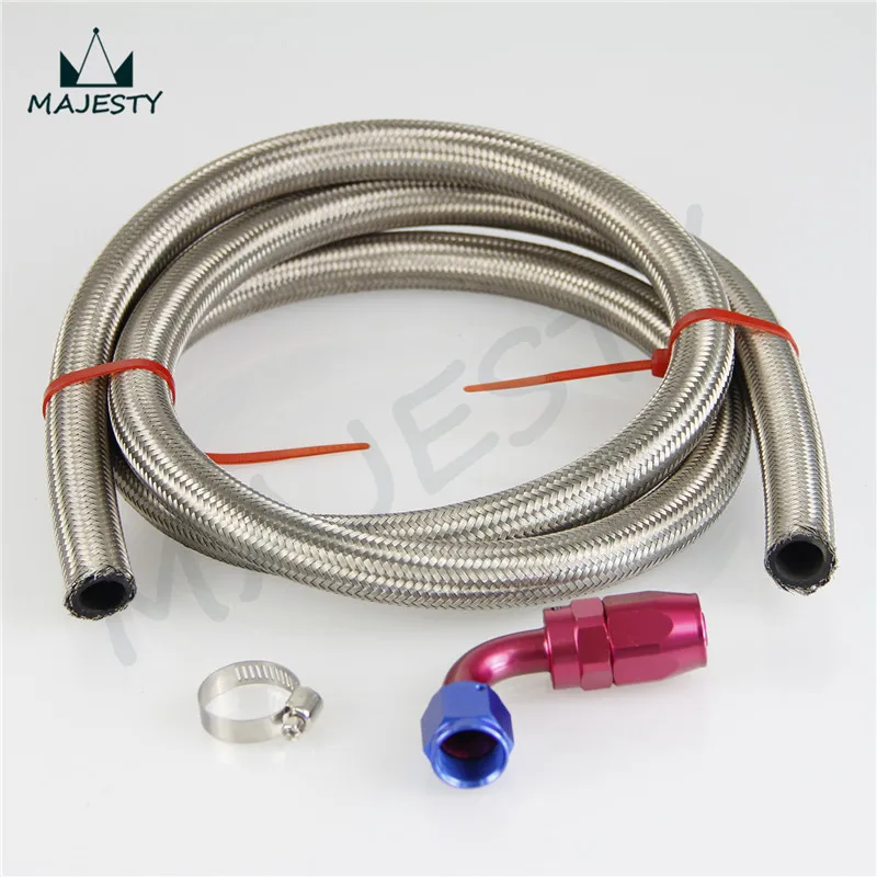 

AN10 10-AN STAINLESS STEEL BRAIDED OIL/FUEL HOSE 1FT +90 Degree oil/fuel line blue and red