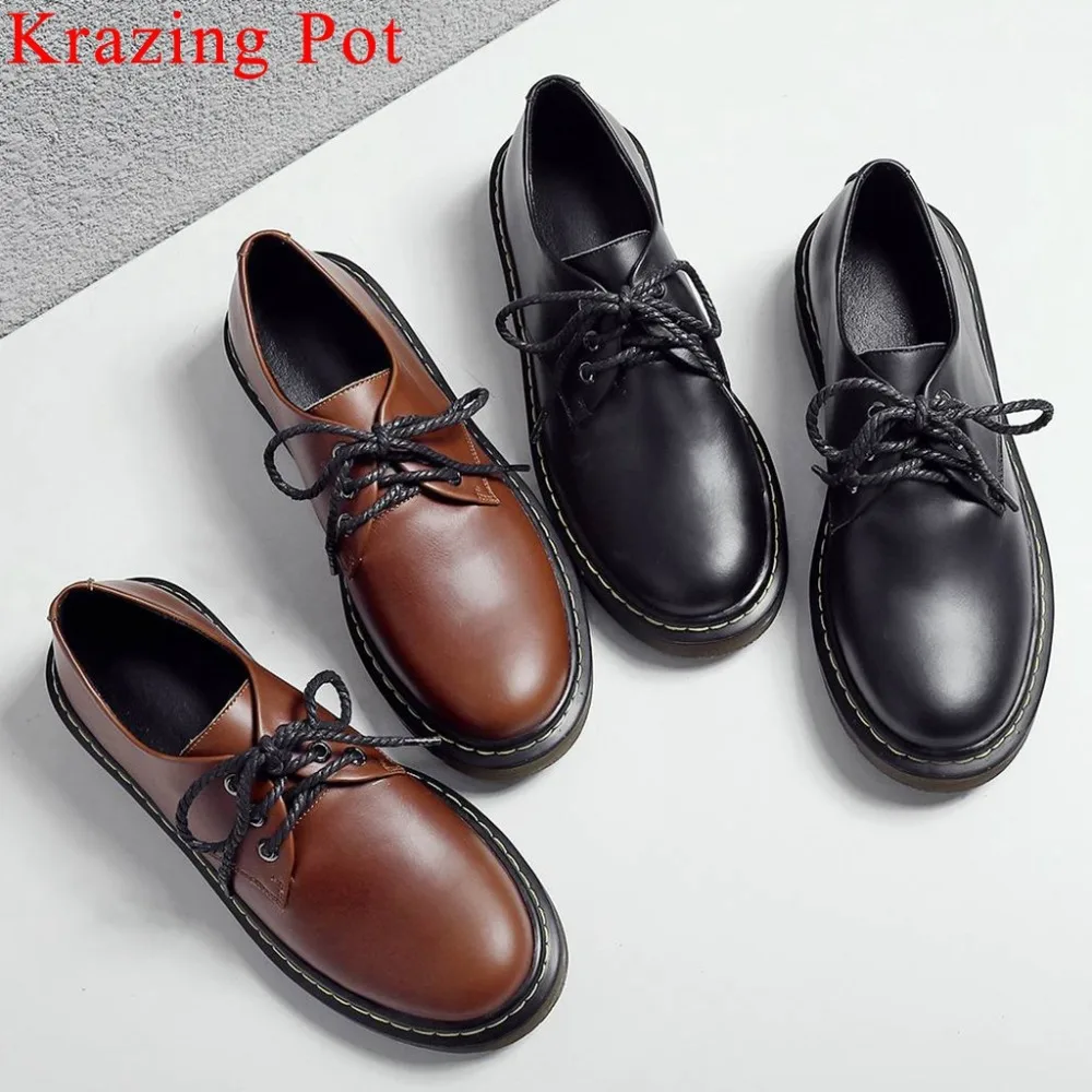 

Krazing Pot plus size genuine leather low heels lace up round toe simple British style high quality Spring clubwear pumps L81