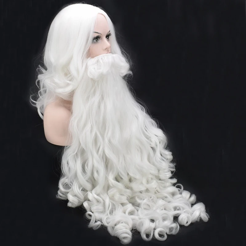 Высокое качество, Рождественский парик для косплея, борода, Санта Клаус, белые кудрявые Длинные Синтетические волосы для женщин и мужчин, вечерние волосы для косплея на Хэллоуин
