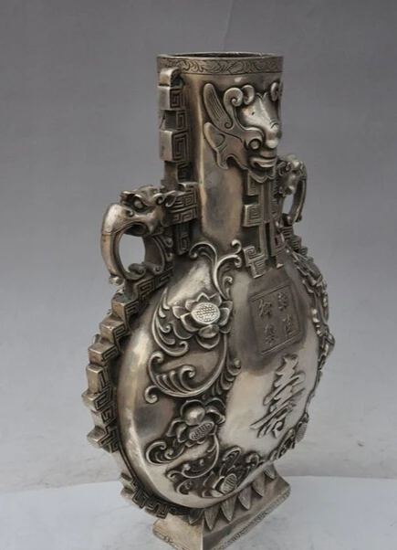 

Free Shipping zhaomeirui65++14"china copper Plating -Silver fu shou dragon beast statue Bottle Pot Vase Jar