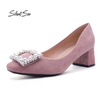 

Silentsea Daily Casual Women Pumps 5cm Thick Heels All-match Ladies Single Shoes Pearl Square Buckle Female High Heels