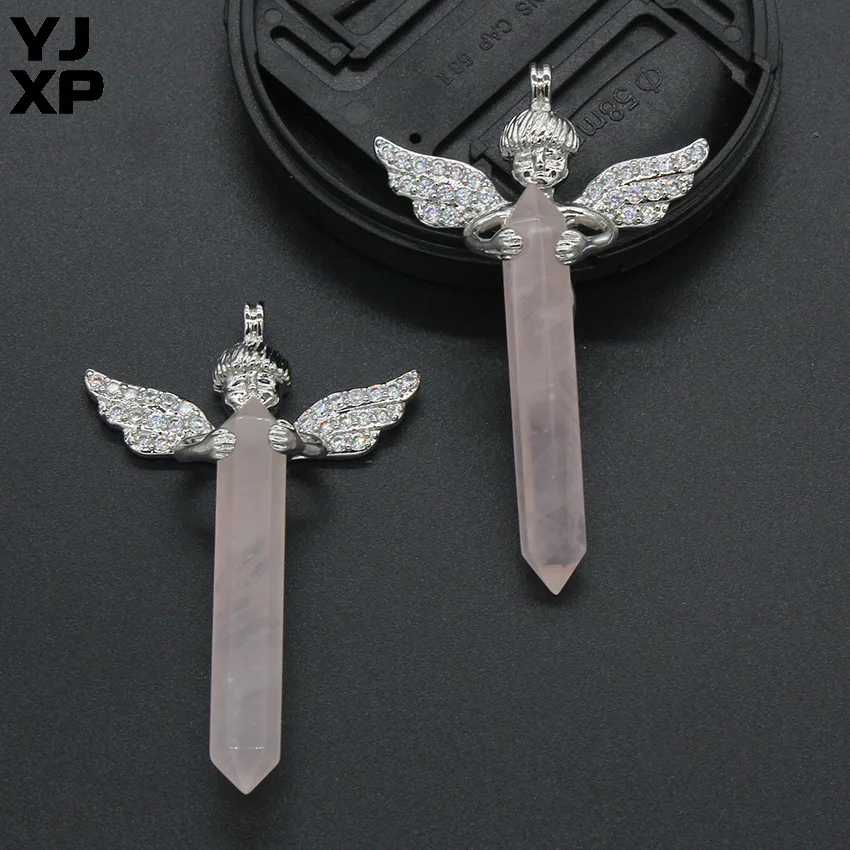

YJXP Rose Quartzs Hexagon Prism Silver Plated Freedom Angel Wings With Shining Rhinestone Reiki Guardian Pendant Charms Jewelry
