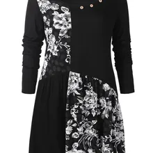 Rosegal плюс размер длинный рукав пуговицы Длинный Цветочный Топ Женская футболка Повседневная Осенняя футболка Женские топы футболки одежда больших размеров