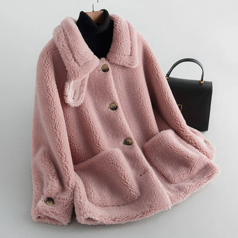 Зимнее плотное теплое пальто с имитацией овечьей шерсти, стриженый мех, женское комбинированное меховое короткое пальто с карманами wq2363, Прямая поставка с фабрики - Цвет: pink