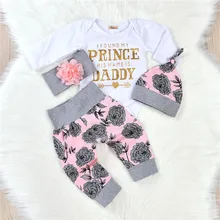 2017 New Autumn Baby Girl Clothes Set Letter Printed Baby Girl Romper+ Floral Pants Headband Hat 4pcs Newborn Kids Clothing Set
