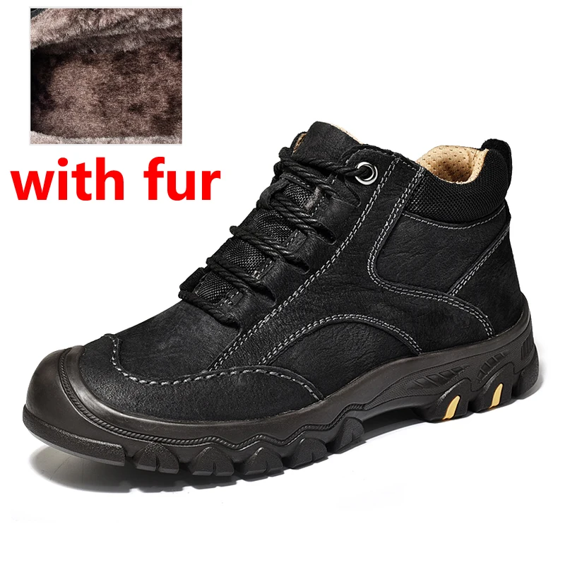 JINTOHO/высококачественные зимние мужские ботинки; мужские ботинки из натуральной кожи; повседневная мужская зимняя обувь из натуральной кожи; мужские ботильоны - Цвет: black with fur