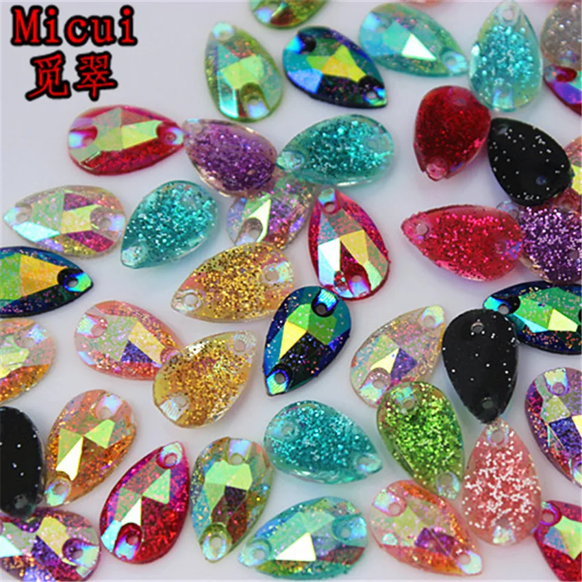 

Micui 100PCS 7*12mm Drop AB Color Resin Rhinestone Crystal Stones Flatback Beads Sew On With 2 Holes For Dress Garment MC703