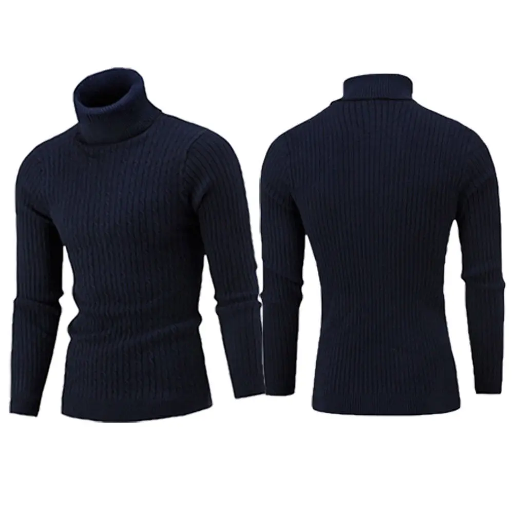 Мужской зимний вязаный пуловер с высокой горловиной, свитер, джемпер, однотонные топы, трикотаж - Цвет: Тёмно-синий