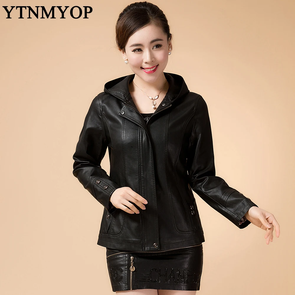 

Plus Size Mother Clothing 2019 Spring Women Leather Jacket With Hooded Outerwear Slim Fashion Tops Leather Coats