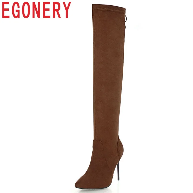 

EGONERY women shoes 2018 newest fashion elegant pointed toe over the knee boots crystal zipper super high thin heels party shoes