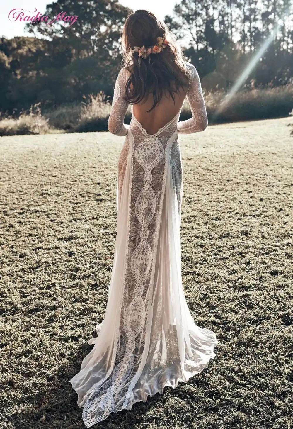 Sexy Backless Deep V Neck Wedding Dress Bohemian Beaded