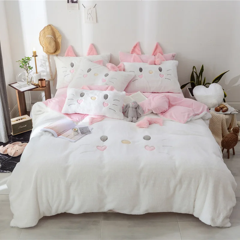 

White Pink Cute Cartoon Cat Embroidery Girl Fleece Fabric Bedding set Bow Flannel Duvet Cover Bed Linen Fitted Sheet Pillowcases