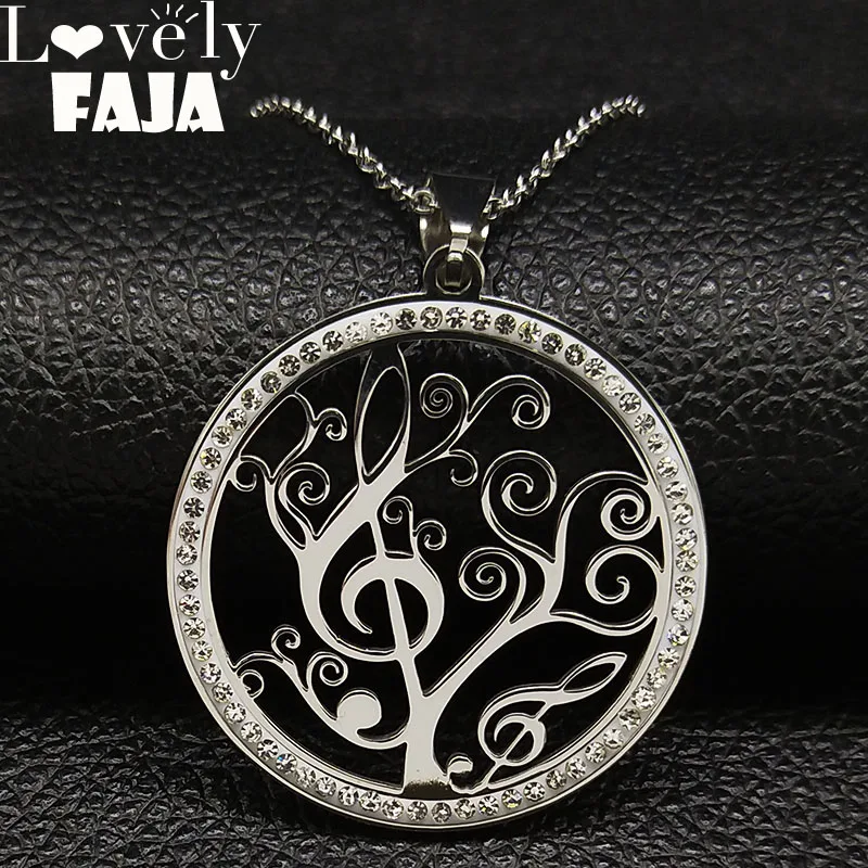 

2019 Note Tree of Life Crystal Stainless Steel Statement Necklace for Women Silver Color Necklace Jewelry collar mujer K77495B