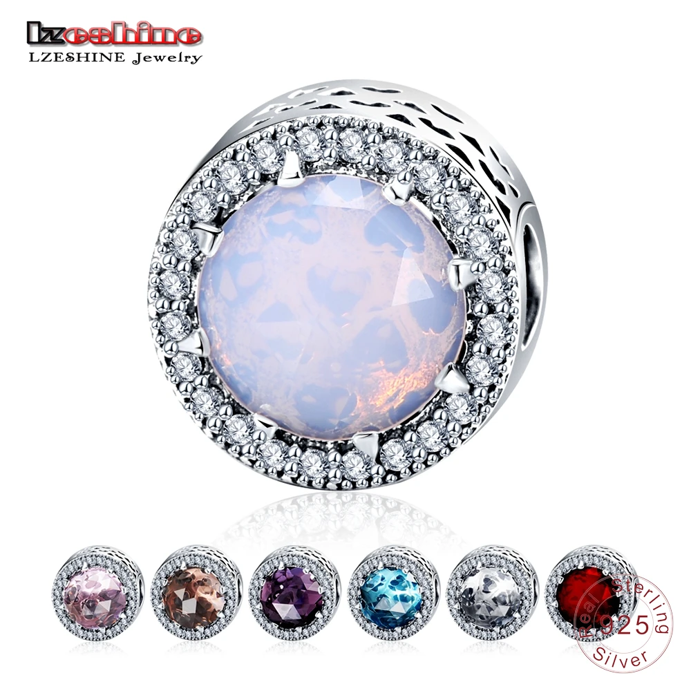 LZESHINE 100 Real 925 Sterling Silver Round Shape CZ Stone Charm Fit Original Pandora Charm Bracelet