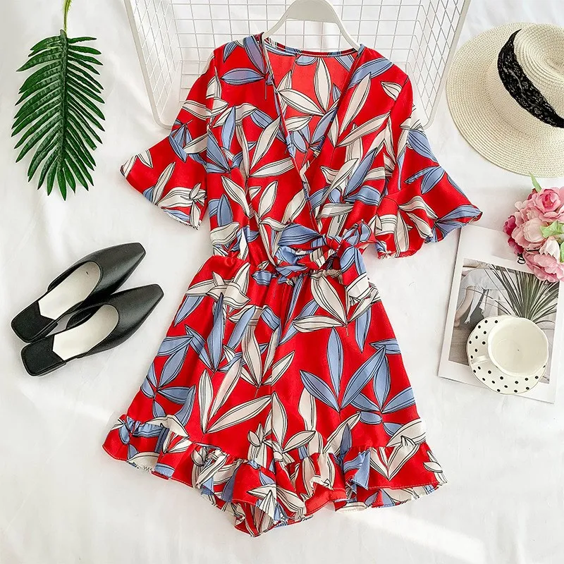 V Neck Floral Printed Flare Sleeve Sashes Playsuits Women Beach Shorts Rompers Ruffles Bohemian Overalls