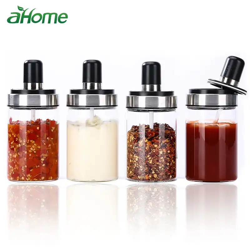 Kitchen Gadget Glass seasoning Storage Bottle Jars with Measure spoon