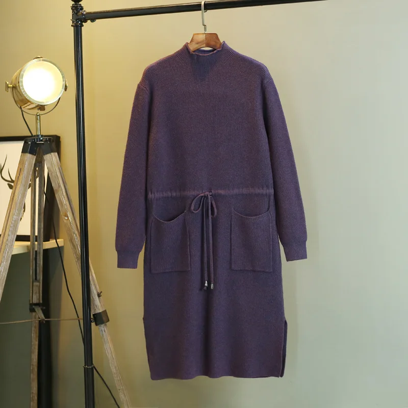 

2018 autumn and winter new knit women's waist lace sweater bottoming shirt colorful belt pocket slim simple tide