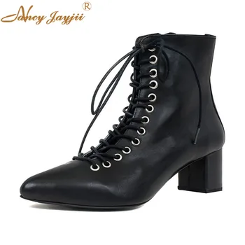 

Genuine Leather Cow Leather Women Adult Ladies Boots Black Solid Ankle Pointed Toe High Square heels Mature Nancyjayjii 2019