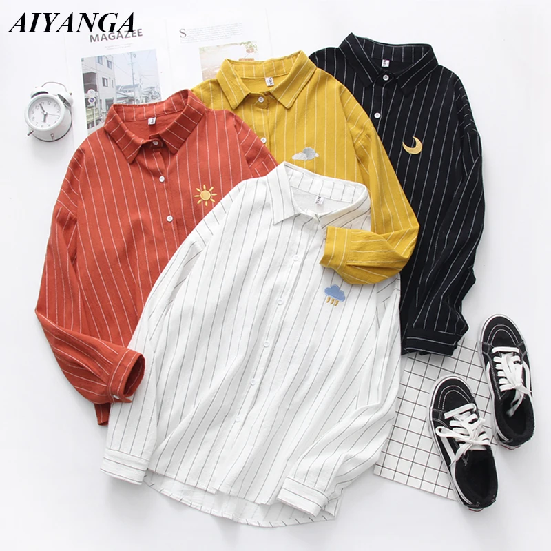 

Women Cotton Shirts 2019 Spring New Striped Blouse embroidery Long Sleeve White Blouses Female Shirts Womens Blusas Feminine