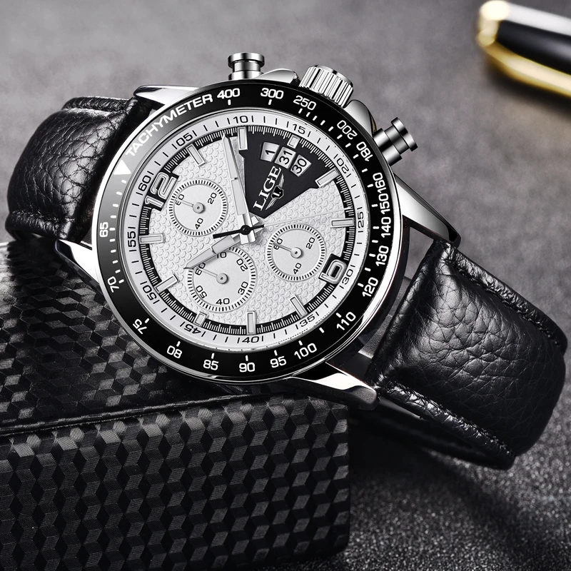 LIGE Mens Watches Top Brand Luxury Men's Military Waterproof Sports Watch Men's Leather Date Quartz